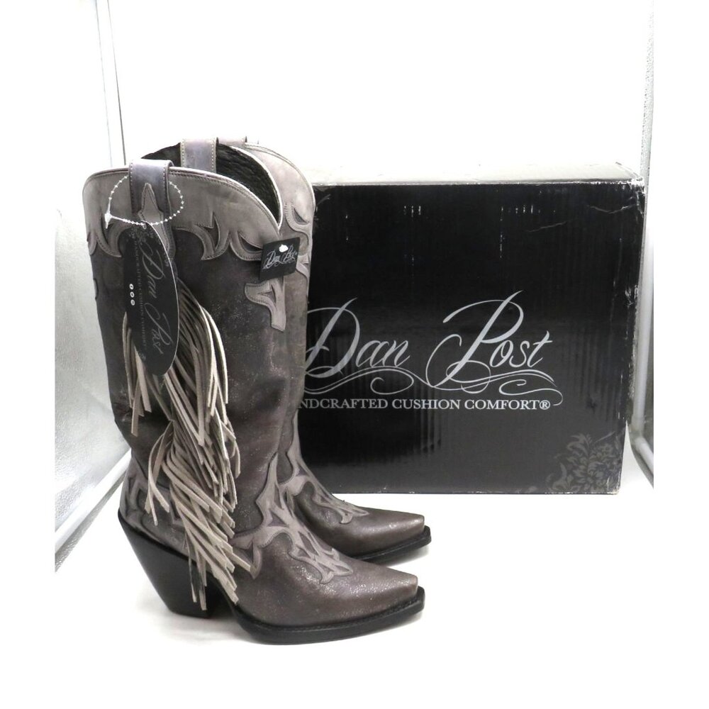 Dan Post Womens Grey Metallic Fringe Leather Cowboy Boots Size 6.5M NEW $285